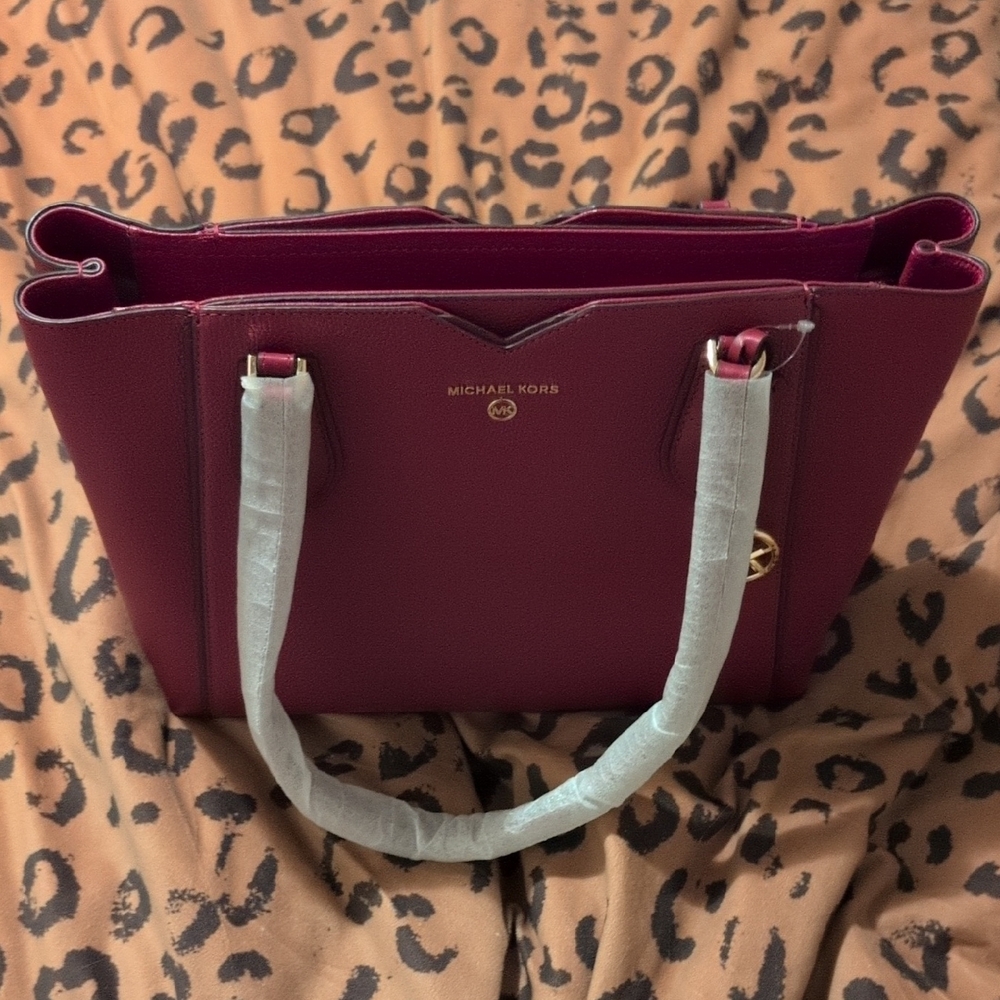 Michael Kors "Mae" Deep Wine Pebbled Leather Tote with Gold Accents